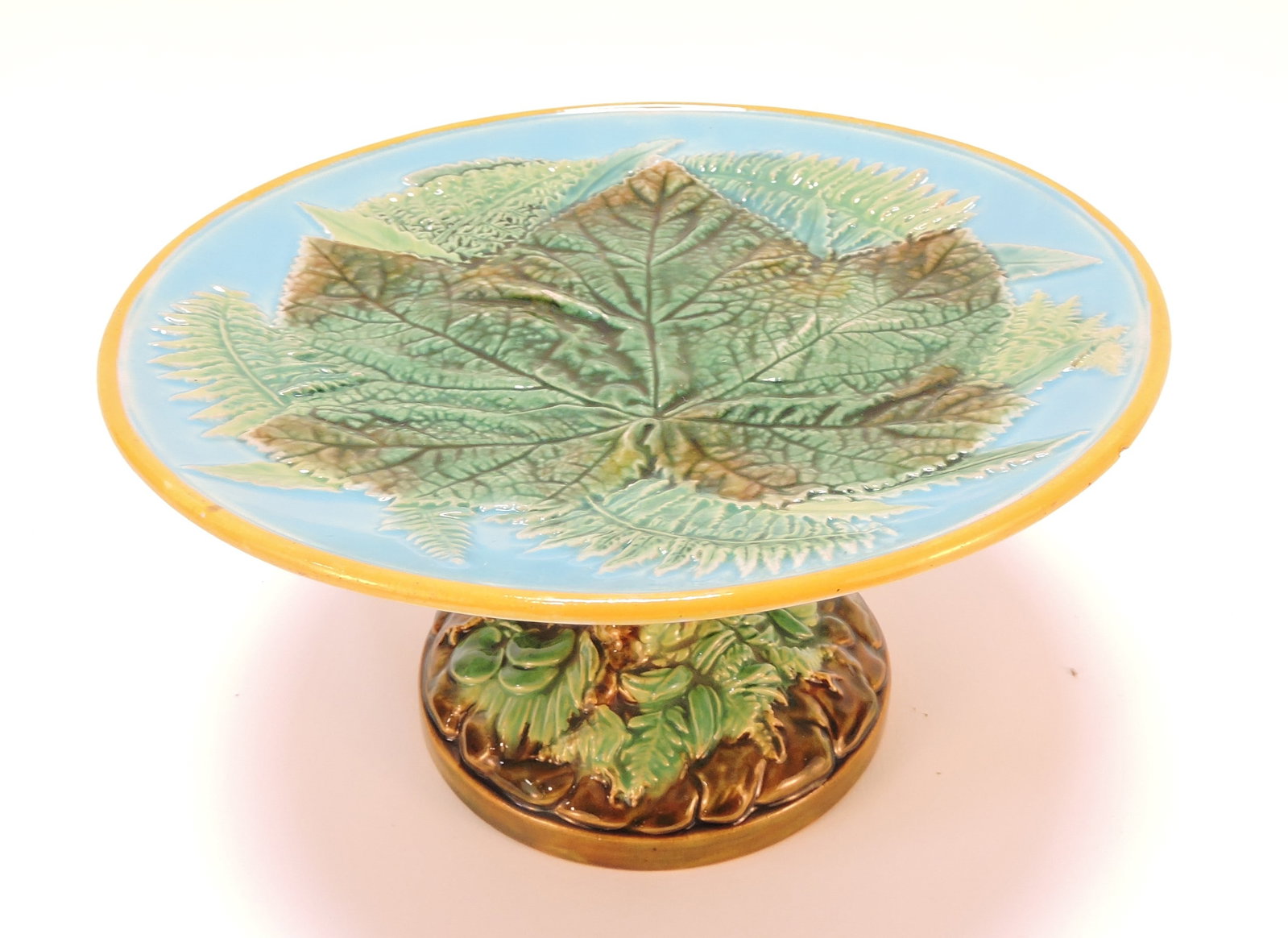 George Jones majolica leaf and fern: comport with oak leaves and acorns on underside, 5"h, 8 1/2"d