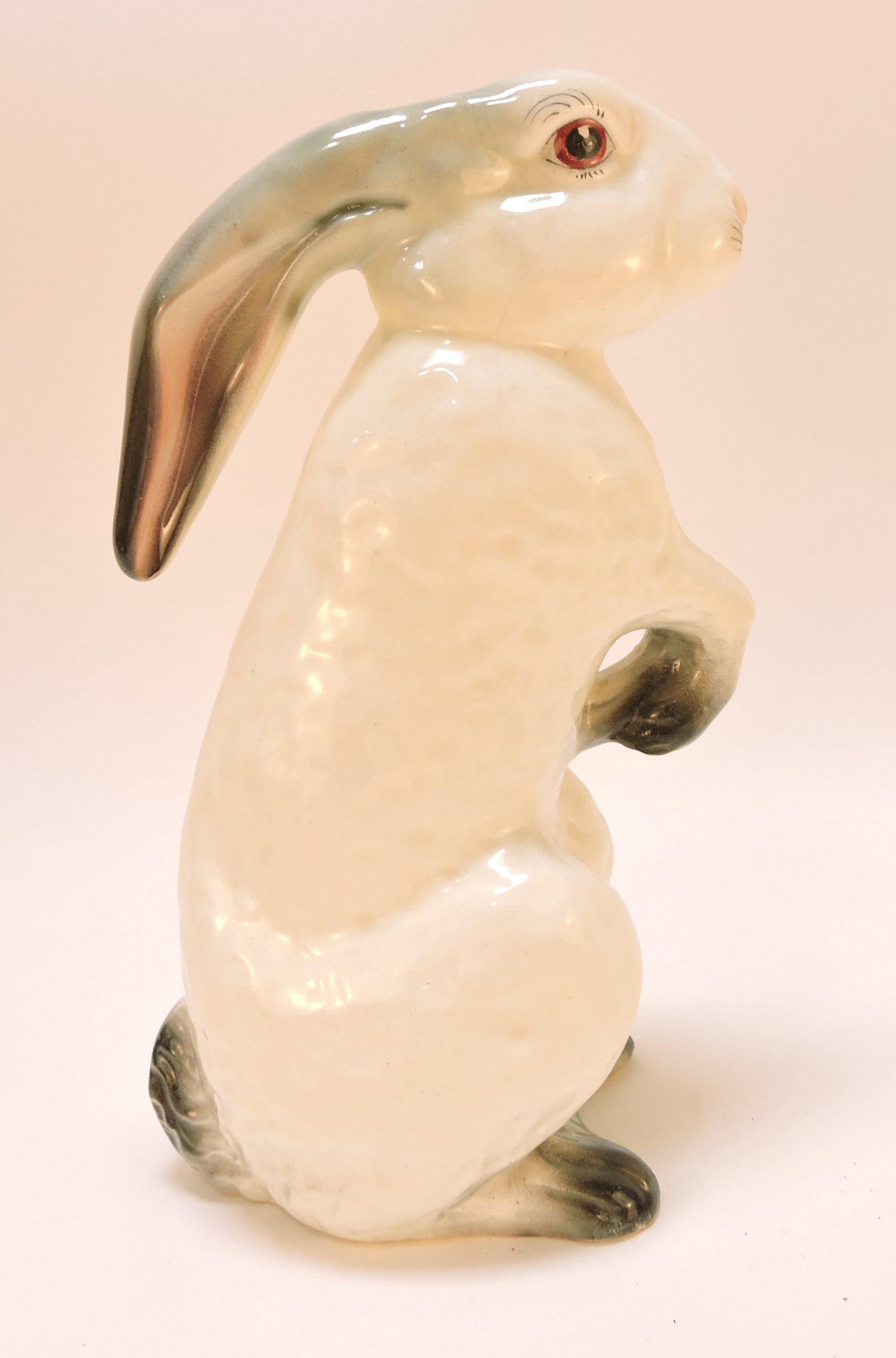 St. Clement majolica rabbit figural: pitcher with ears forming handle, 12 1/2", professional hairline repair