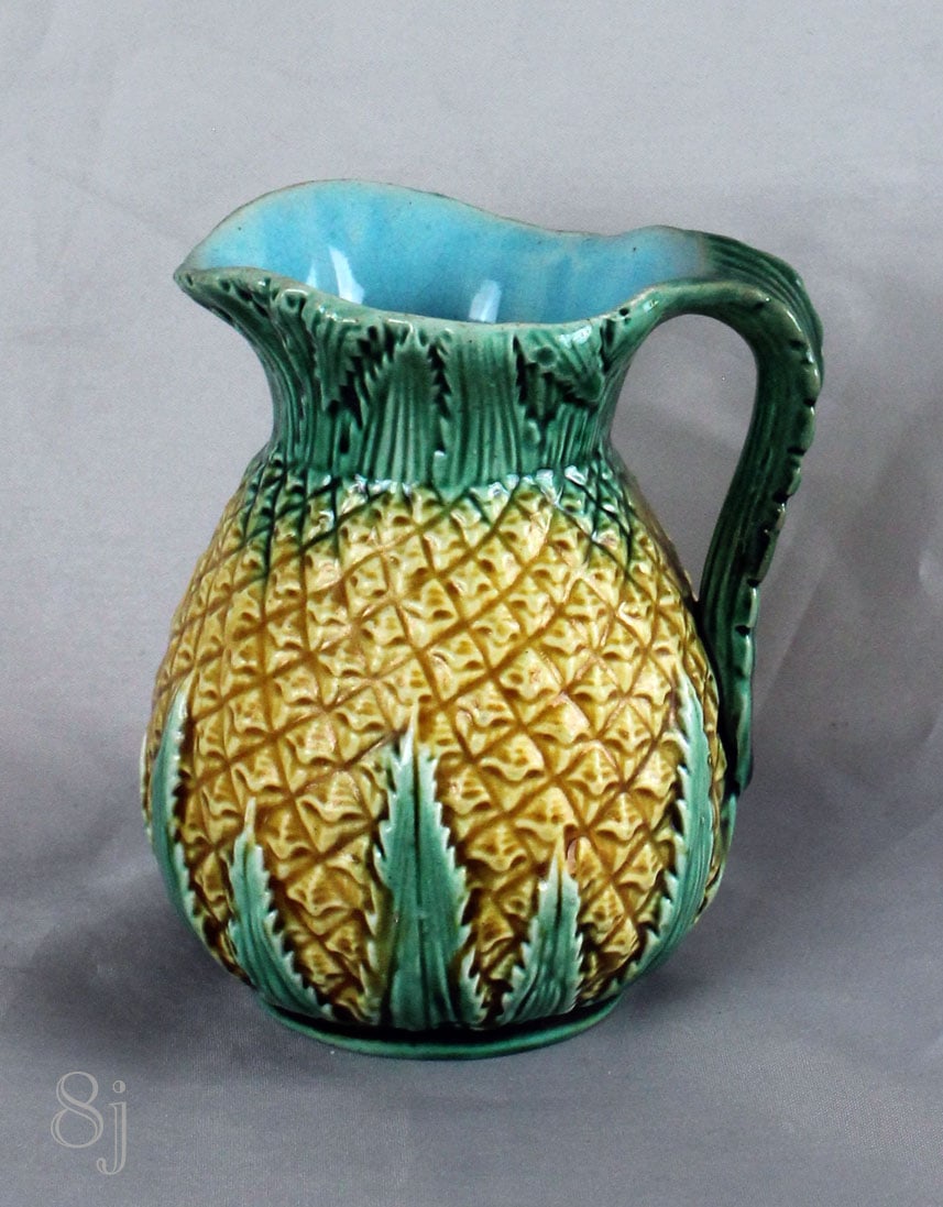 George Jones majolica pineapple: creamer circa 1875, for the pineapple cabaret service, 3 ½”h, registration lozenge to base