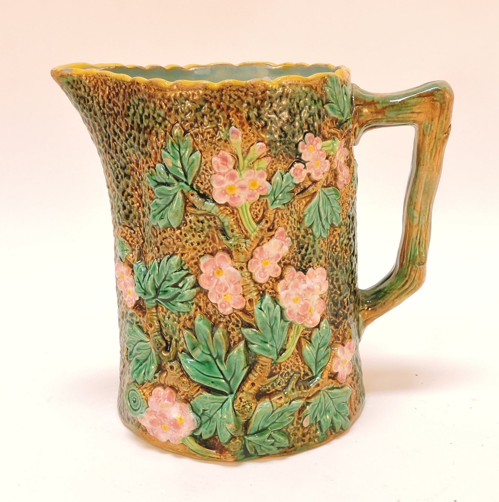 George Jones majolica rustic pitcher,: 6"