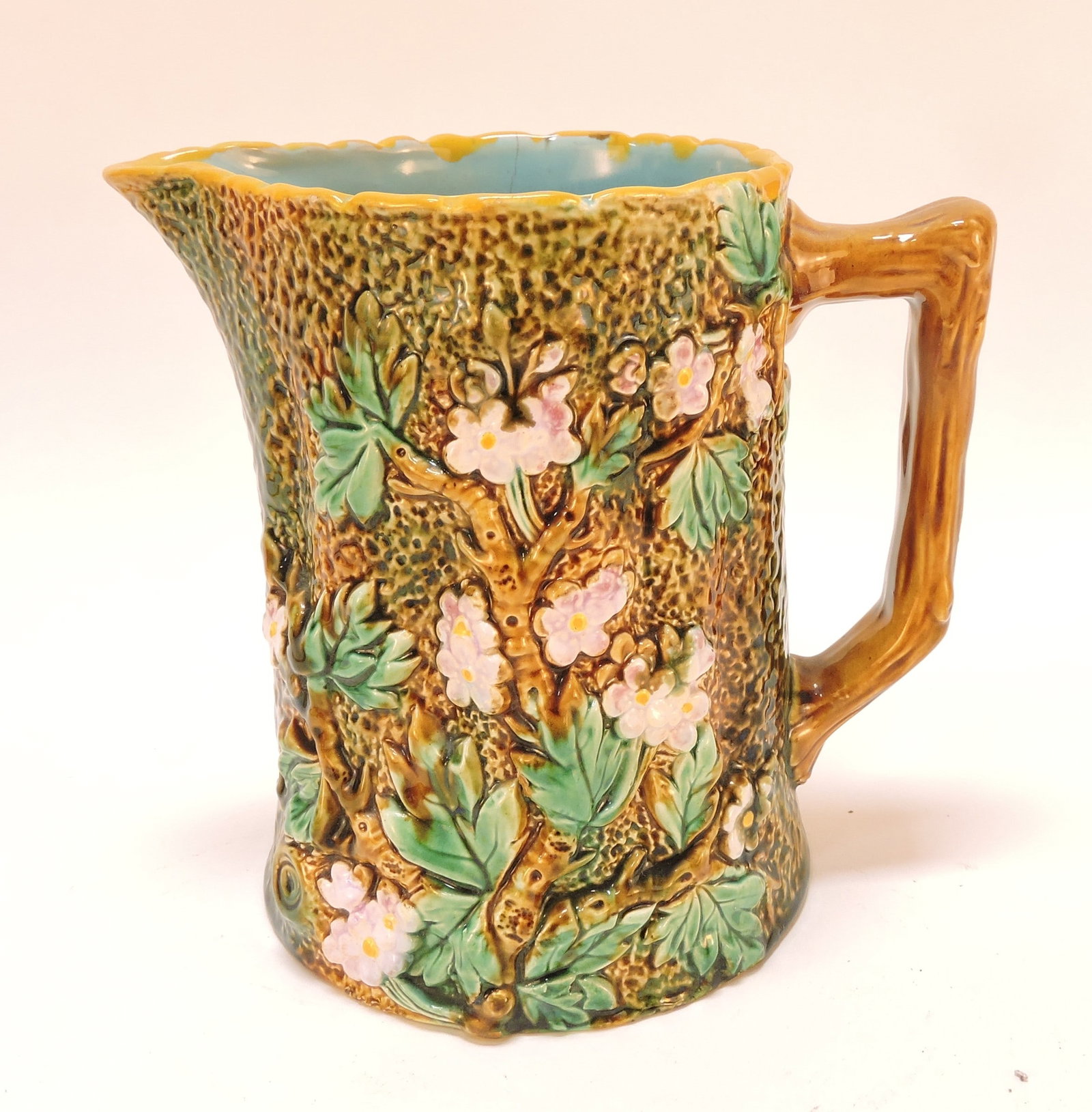 George Jones majolica rustic pitcher,: 6", hairline