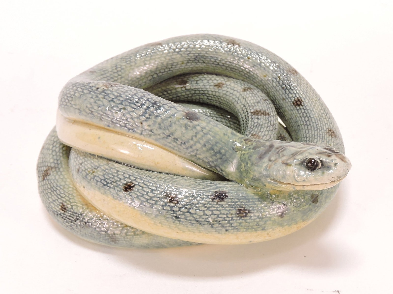 Palissy majolica coiled snake paperweight,: 4 1/2", professional repair to snake's head