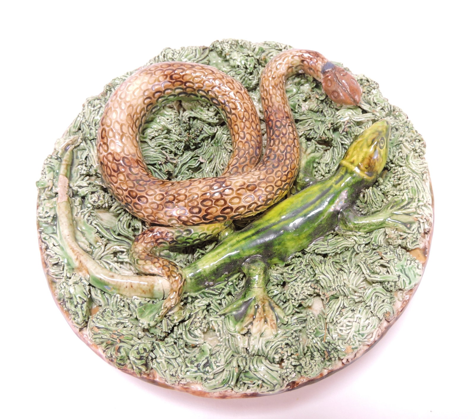 Portugal Palissy majolica wall plaque,: 5 1/2", with snake and salamander, professional repair to snake's head