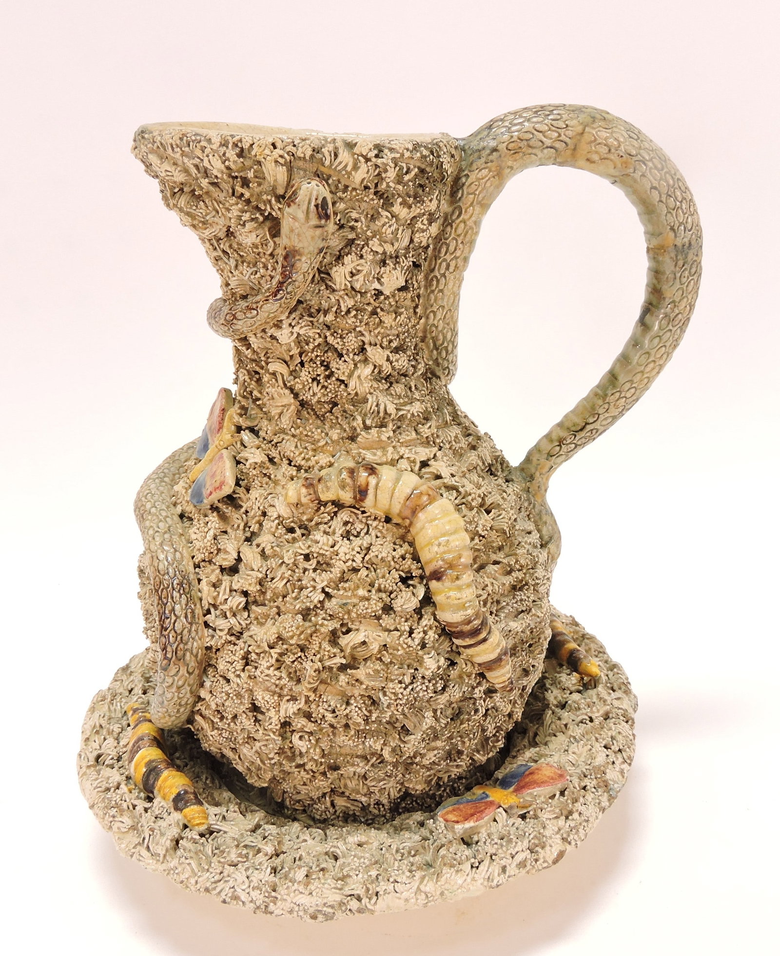 Portugal Palissy majolica snake handle: ewer and stand, 8 1/2"