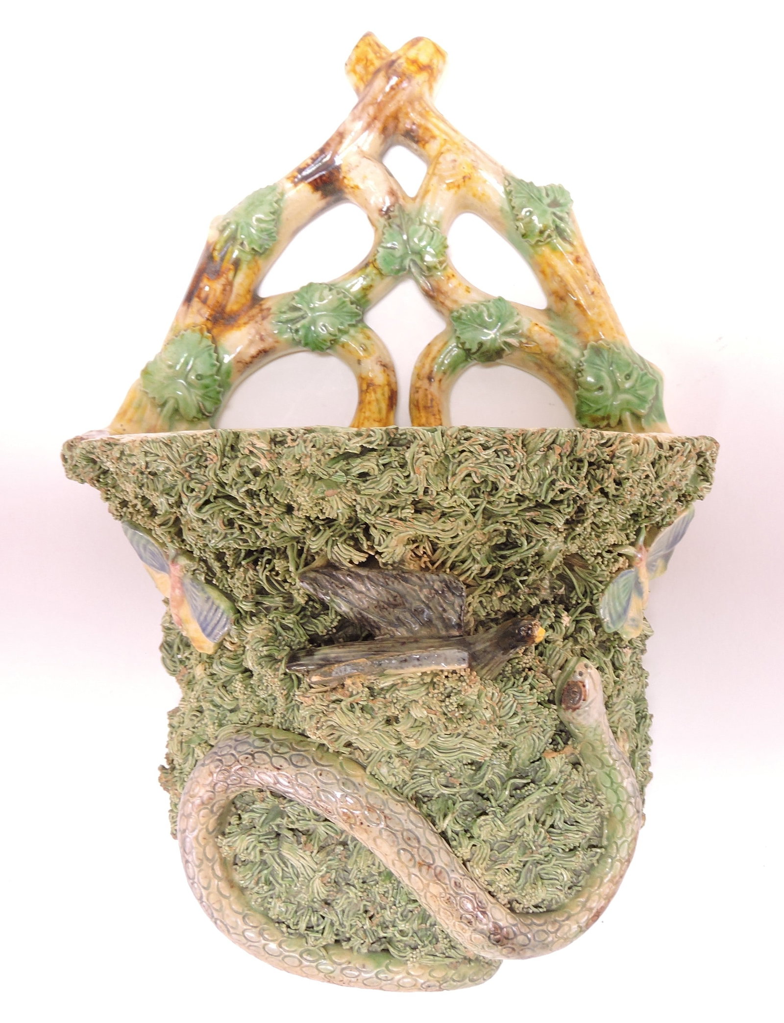 Portugal Palissy majolica wall pocket: with snake, bird, and moths on heavy grass ground, 9"