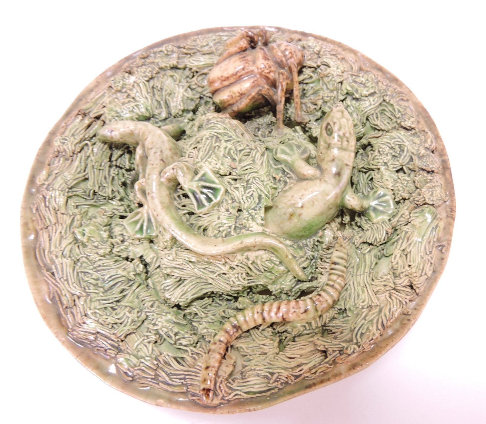 Portugal Palissy majolica small round: plaque with salamander and beetle, 4 1/2"