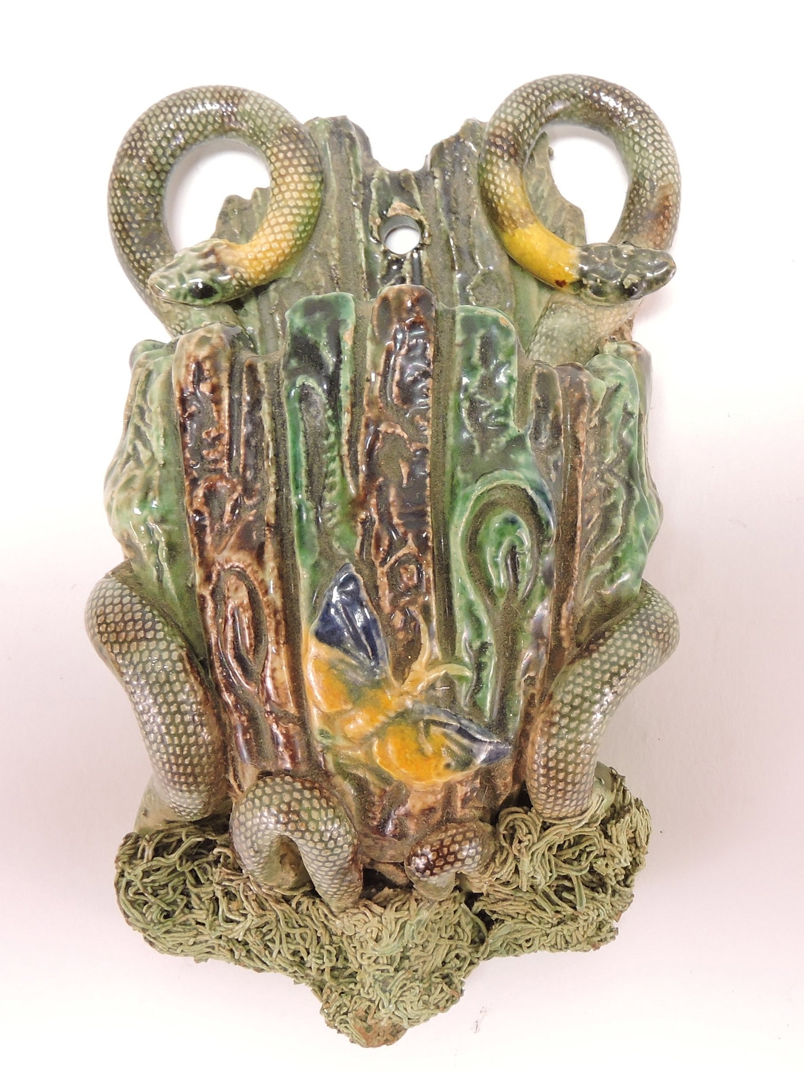 Palissy majolica butterfly and snake: wall pocket, 5 1/2"