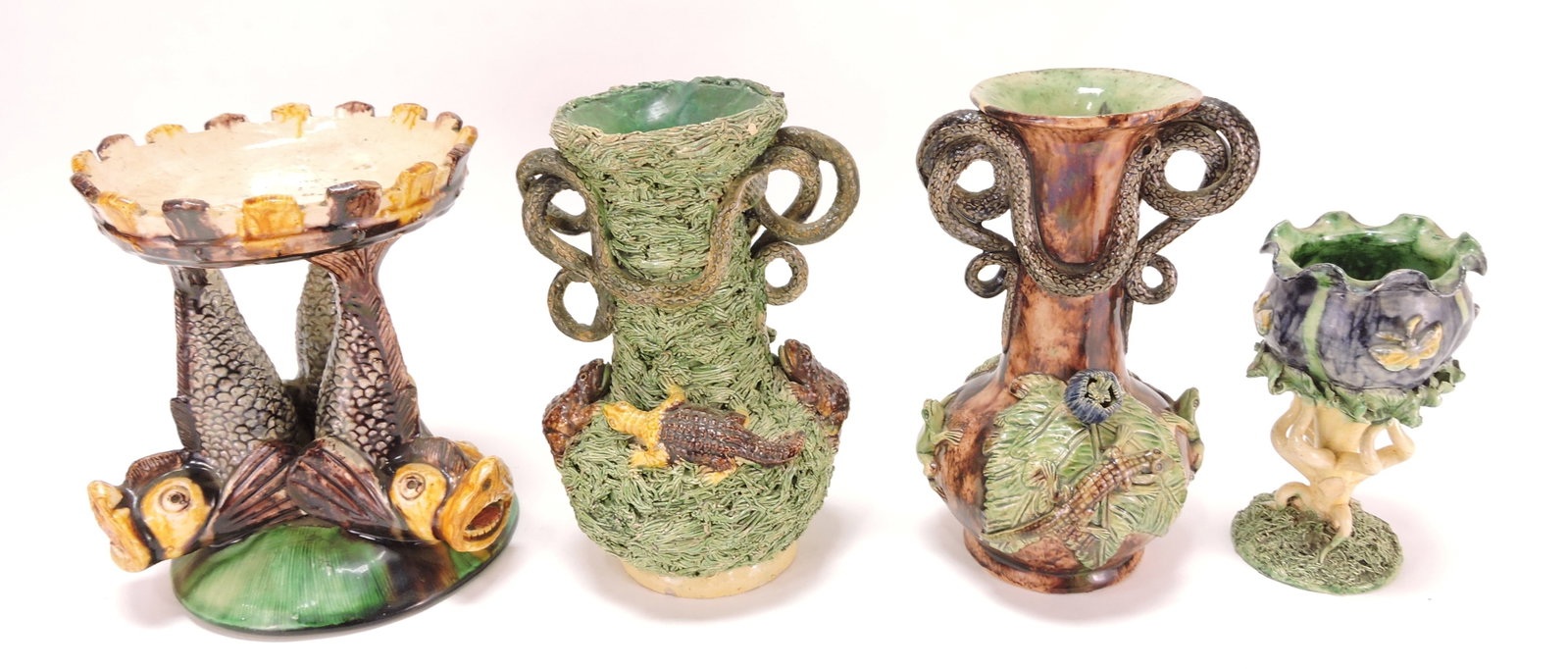 Palissy lot of 3 vases and 1 pedestal,: 5" to 7 1/2", various condition