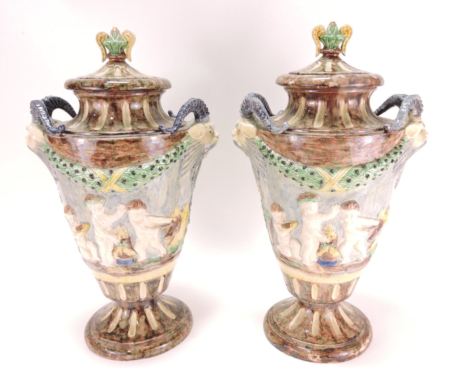 Barbizet (attributed) School of Paris: pair of Palissy covered urns circa 1870, 19 1/2"