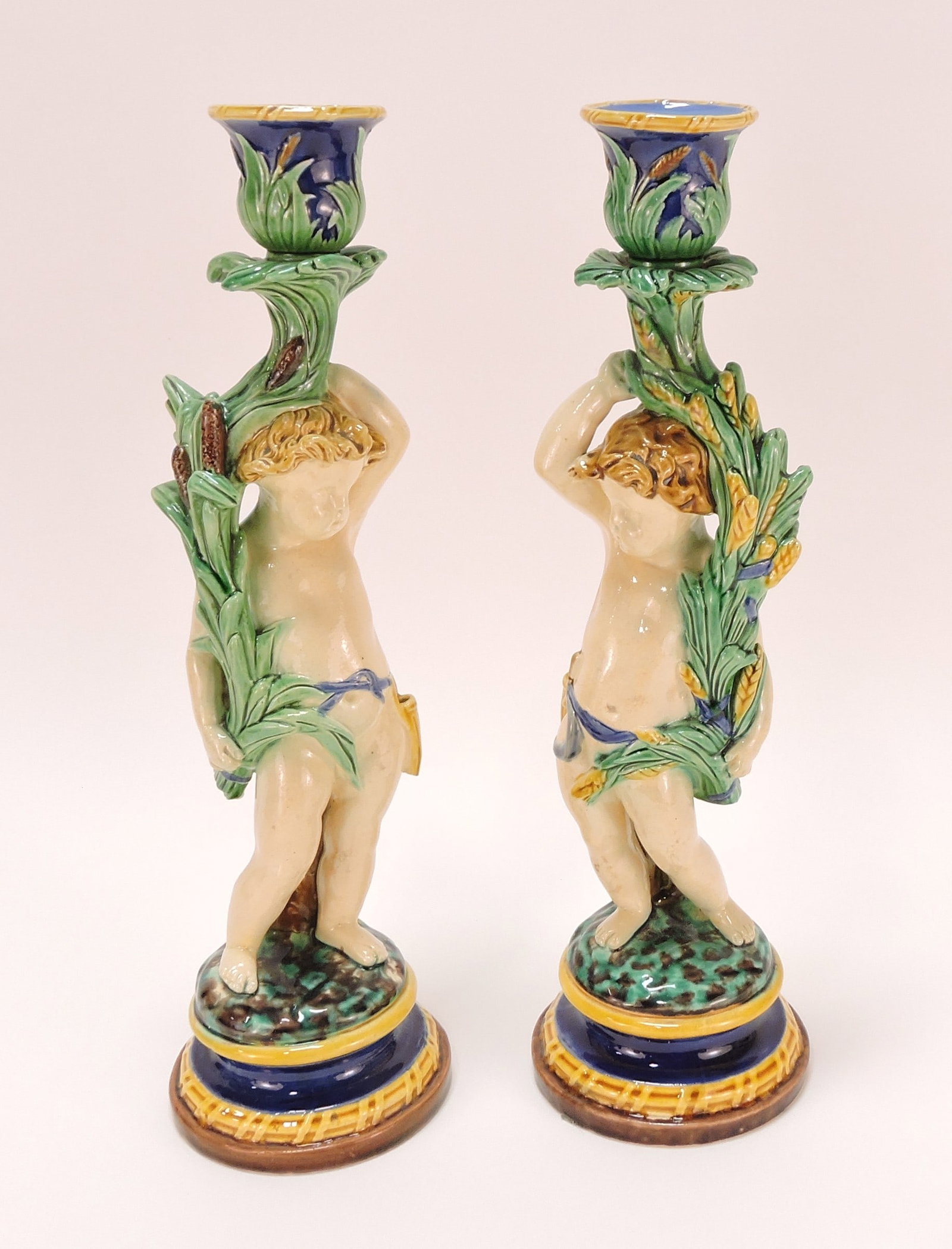 Minton majolica pair of putto candle (1 of 2)