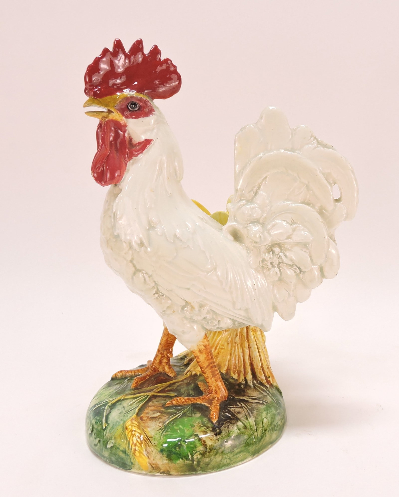 Delphin Massier majolica rooster: posy vase, c 1880, 10", professional repair to rooster's topknot