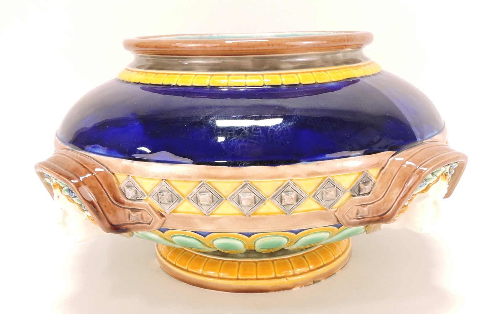 Wedgwood majolica cobalt jardiniere: with lady masks, 7"h, 14"w