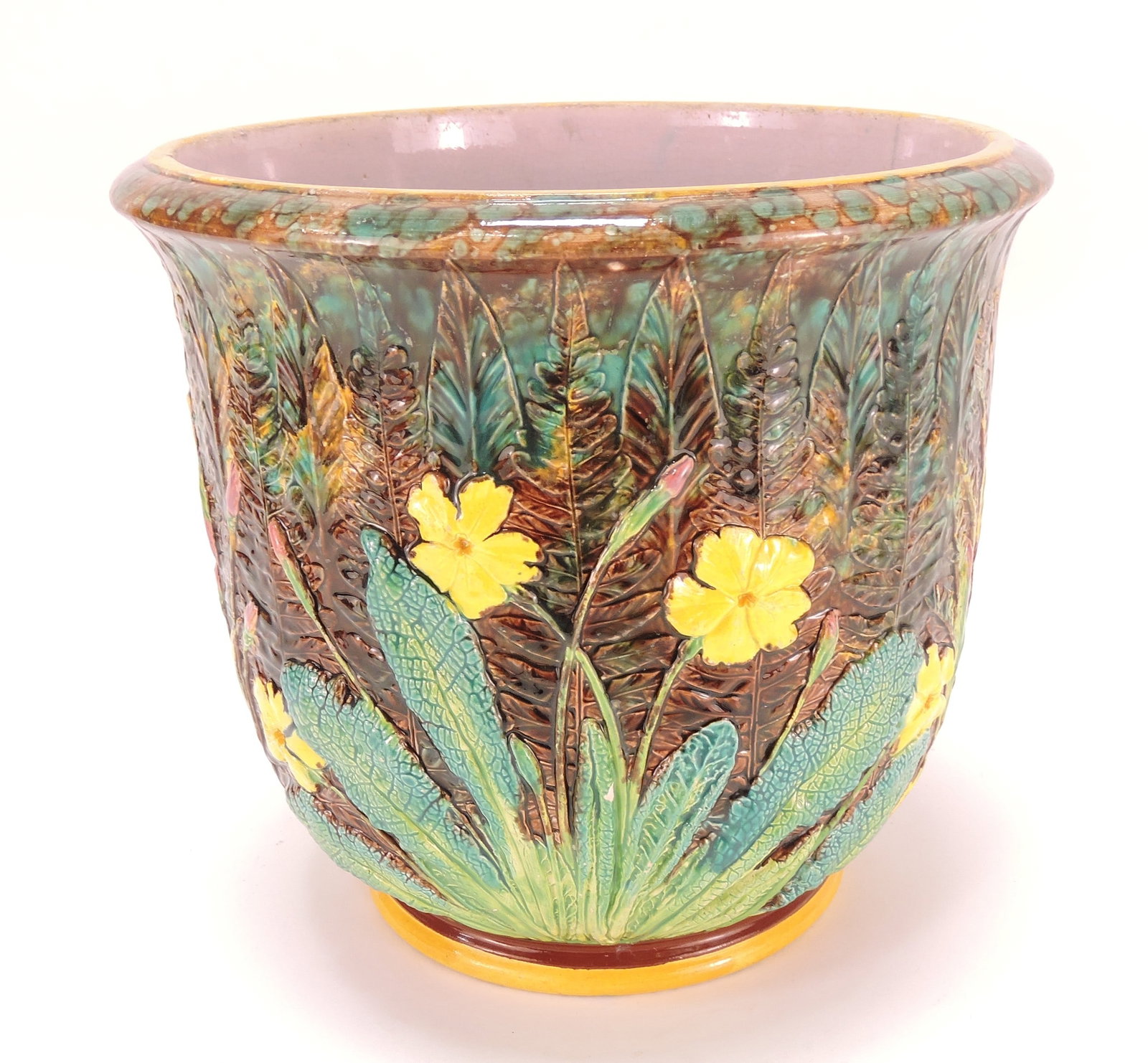 Copeland majolica primrose cachepot,: 8", hairline