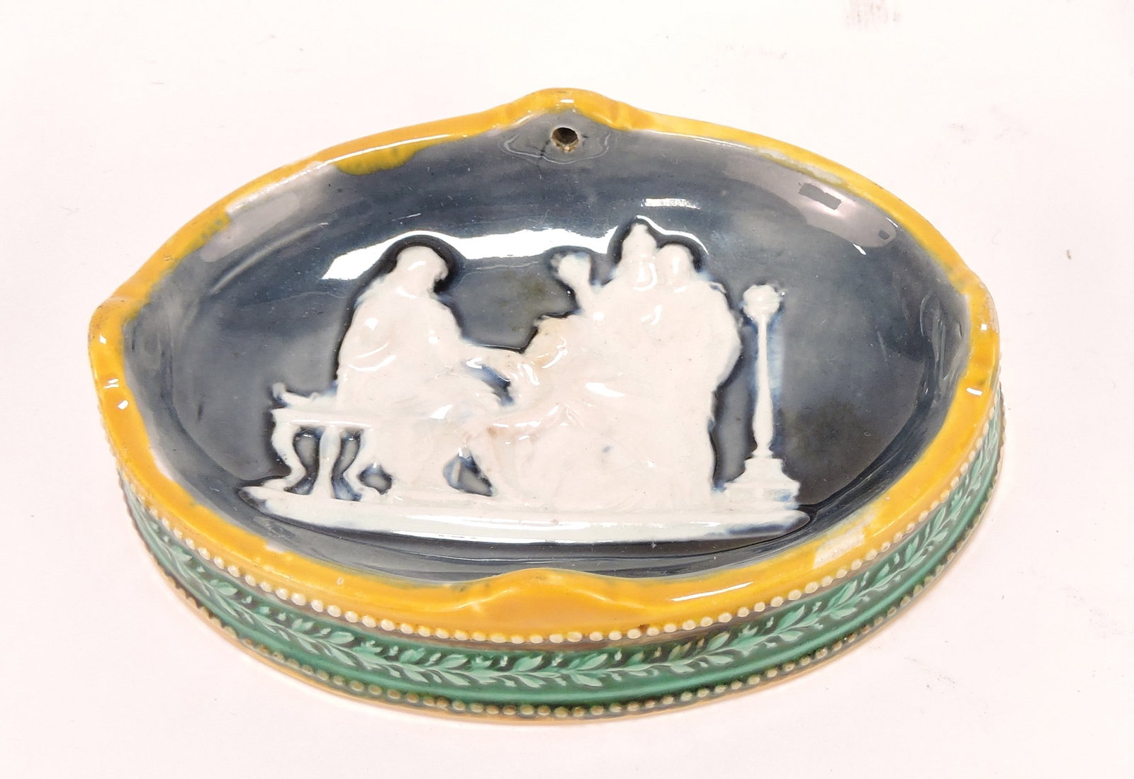 Wedgwood majolica card holder with: Classical figures in relief, 4"