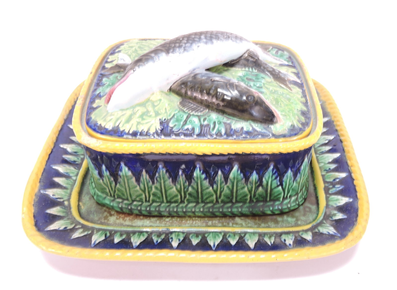 George Jones majolica sardine box,: acanthus leaf cobalt box with cobalt Holdcroft stand