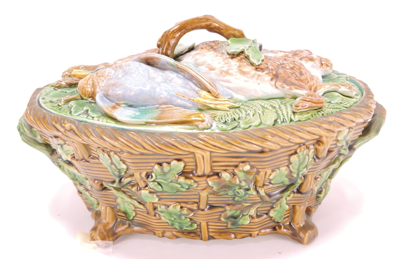 Minton majolica game dish with: rabbit and game birds on cover, with insert, professional repair to lid handle, 8"h, 14"w