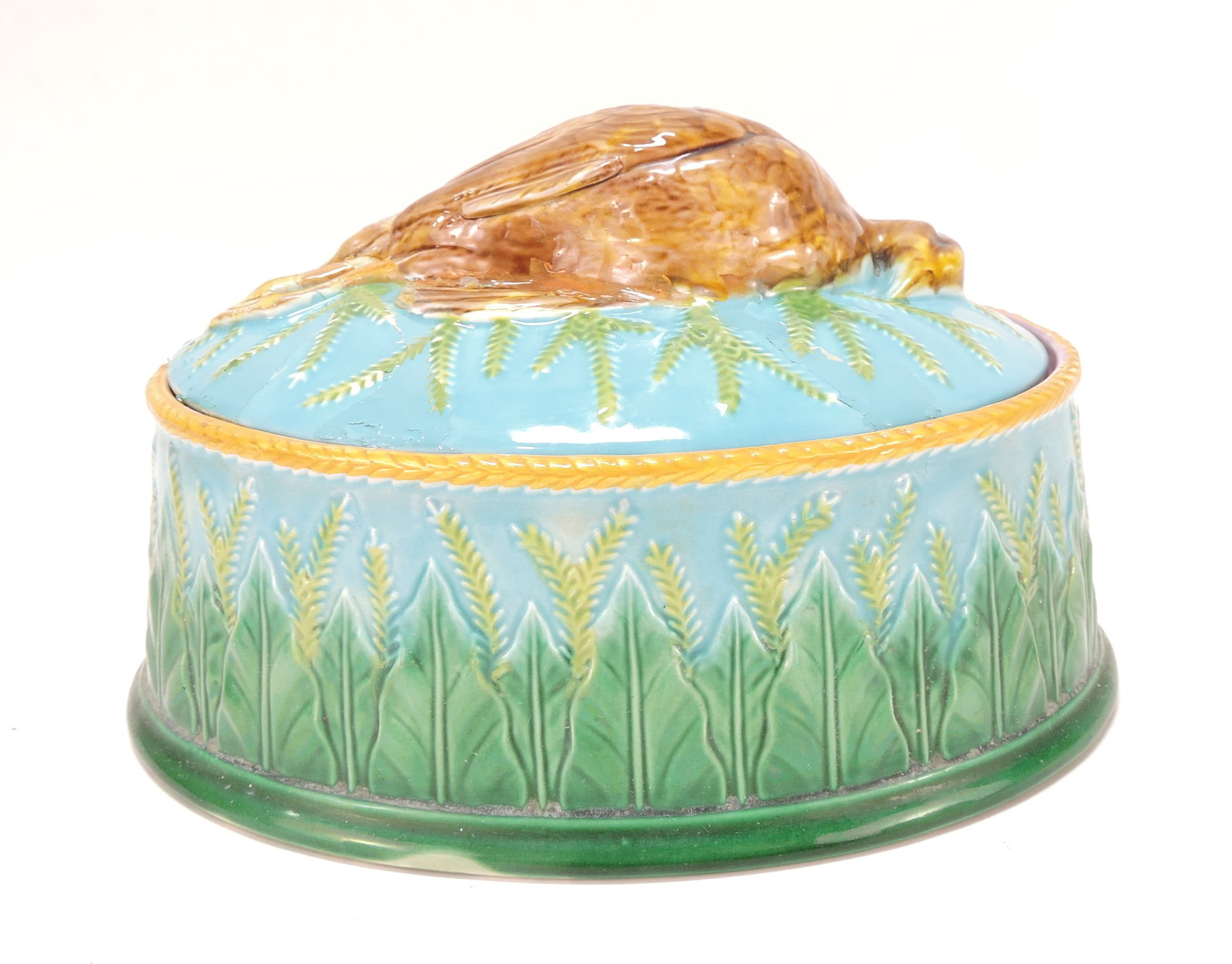 George Jones turquoise majolica: game dish with partridge on cover, old lid repair