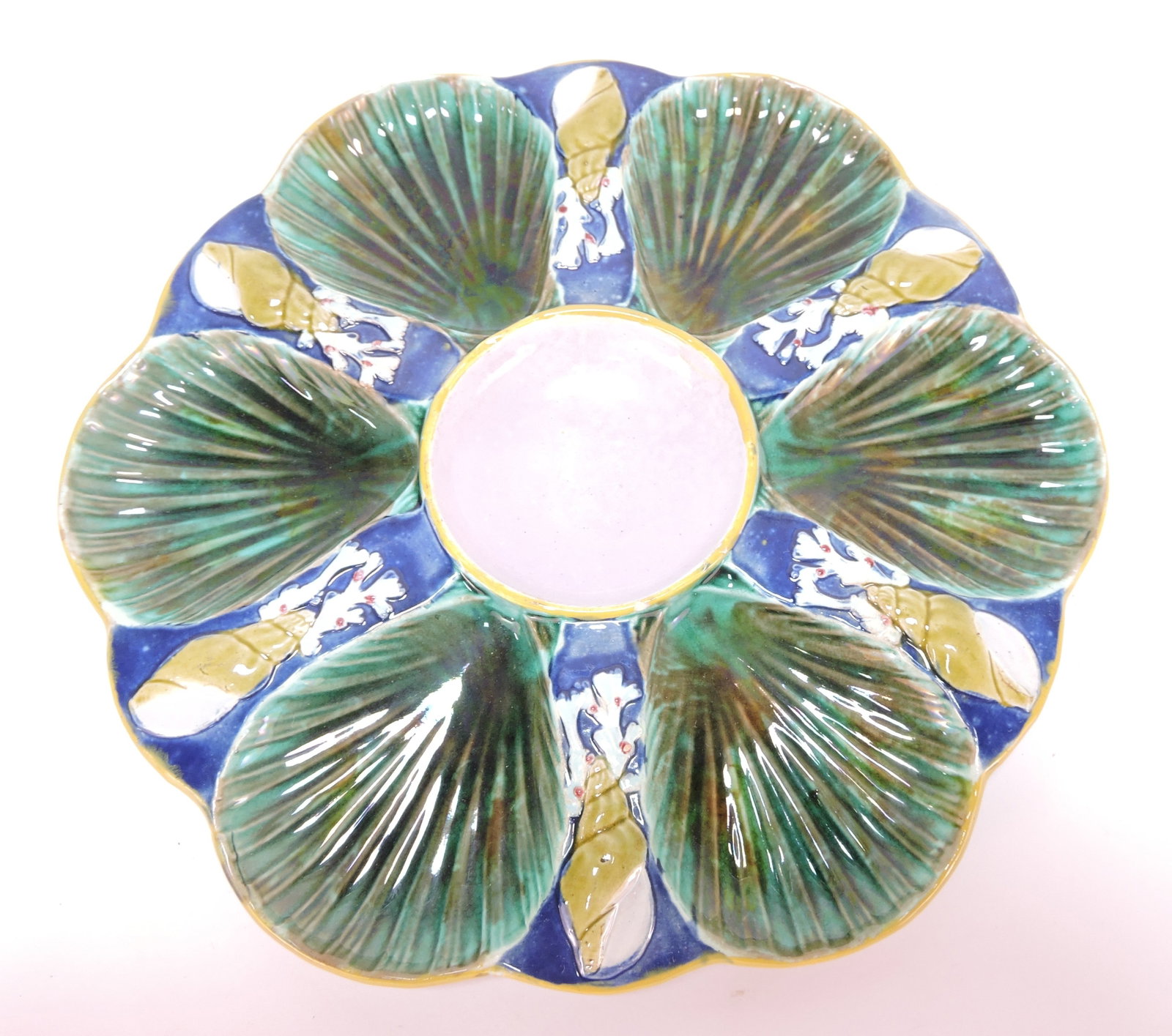 Holdcroft majolica 6 well oyster plate: with cobalt ground, 10"