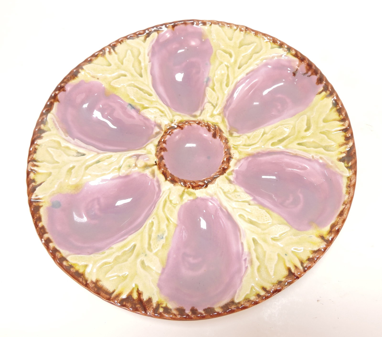 Fielding majolica 6 well oyster plate,: yellow ground, pink wells, 9"