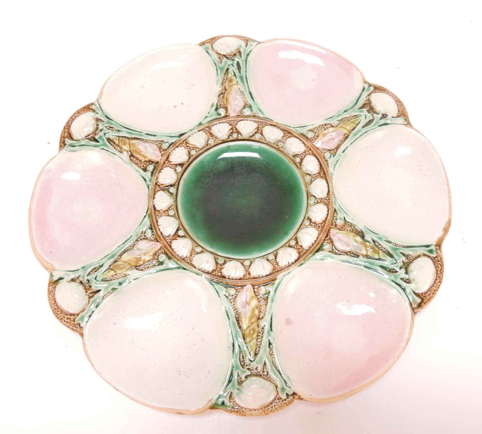 Majolica pink/white 6 well oyster plate,: 9 1/4"