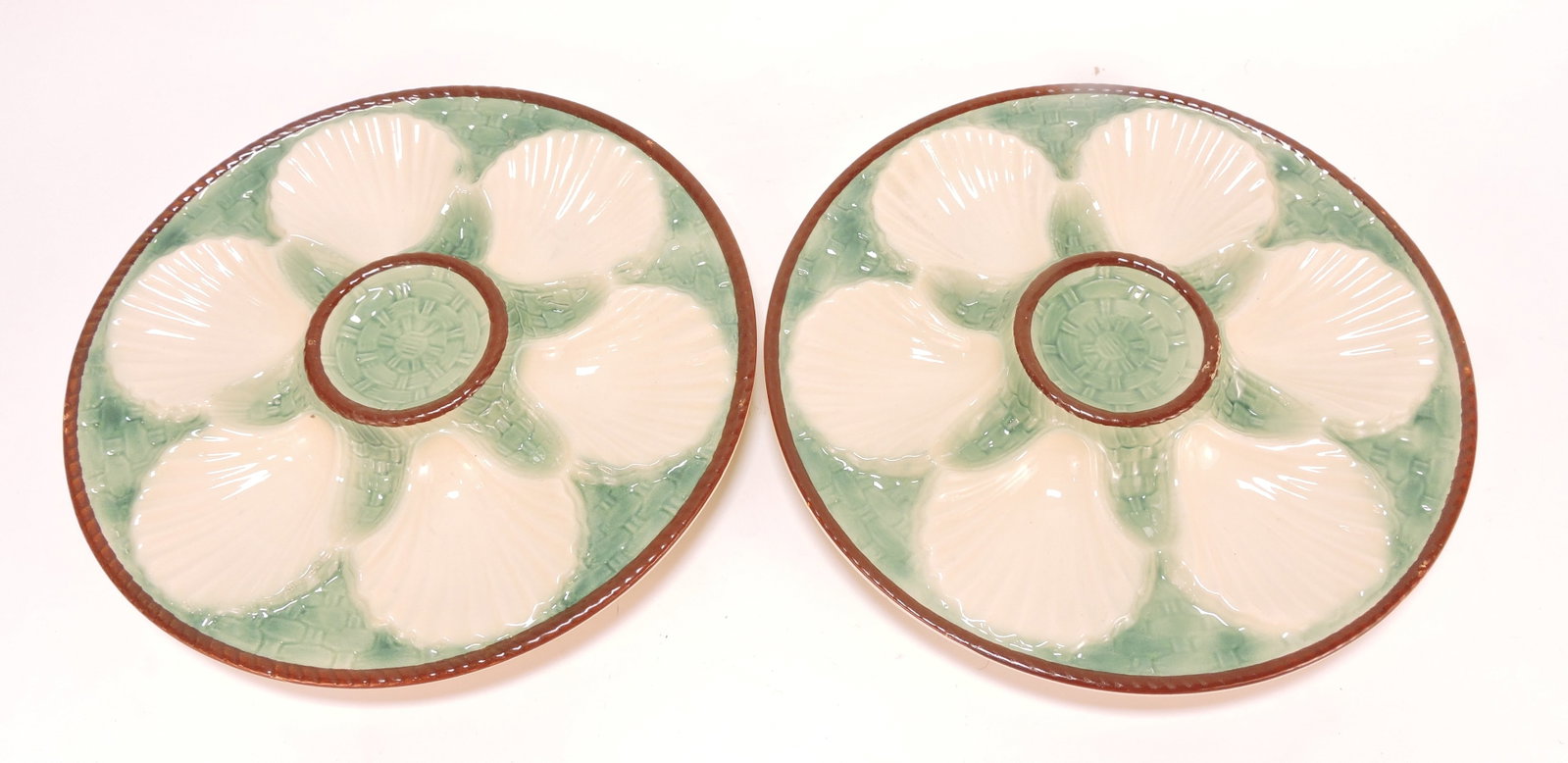 Pair of French majolica 6 well oyster (1 of 1)