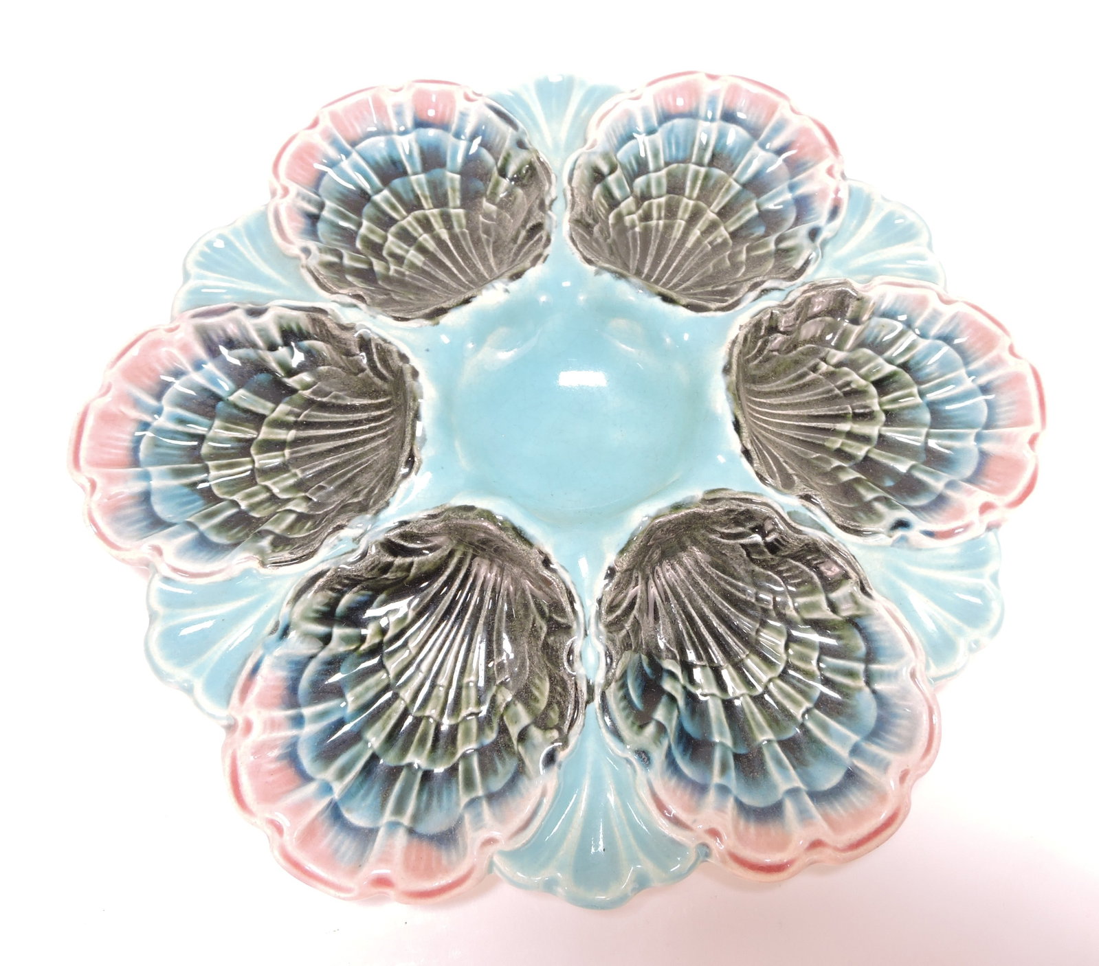 Majolica 6 well oyster plate, 8 1/2": .