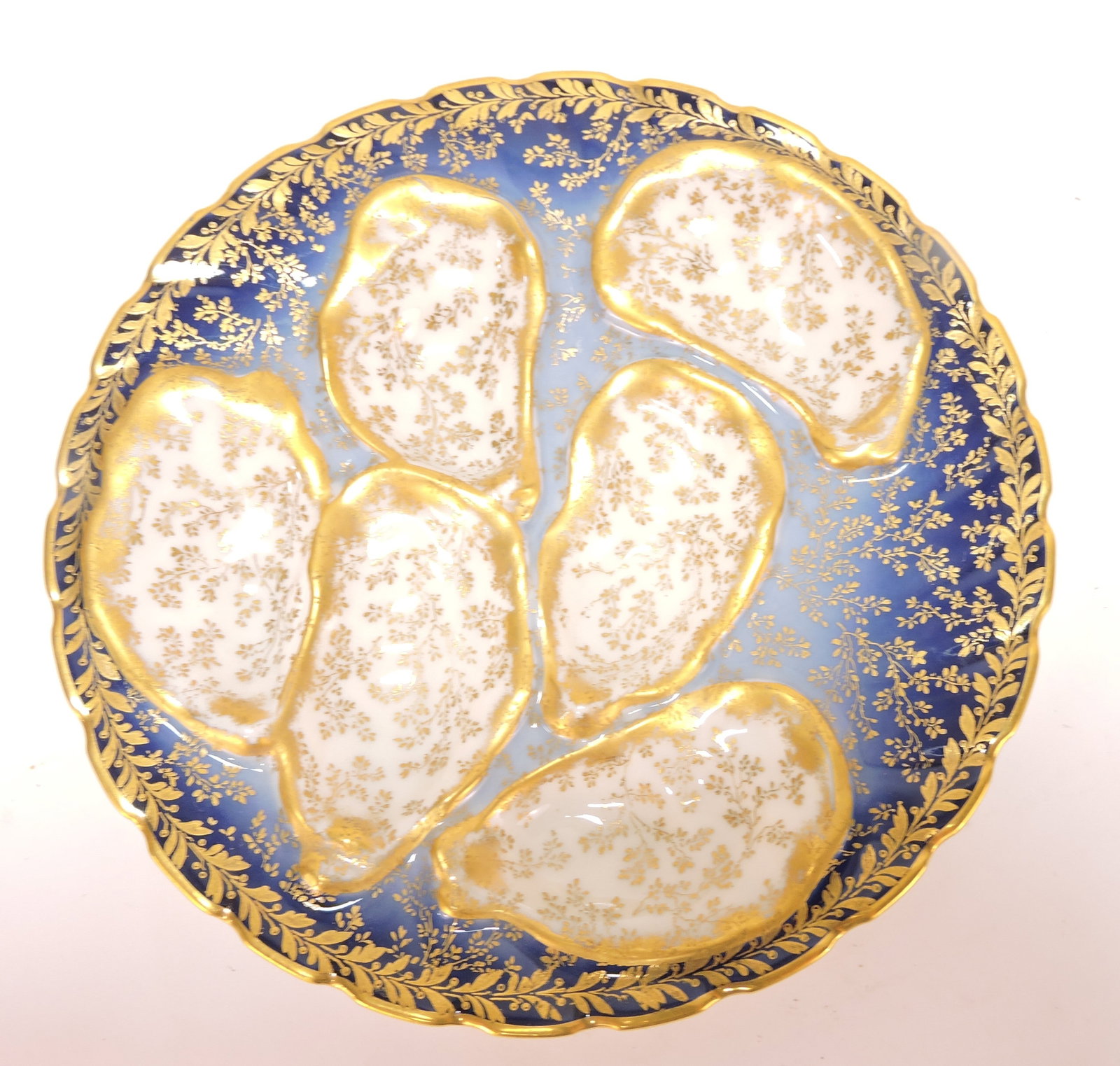 Haviland cobalt 6 well oyster plate: with heavy gold decor, 8 1/4"