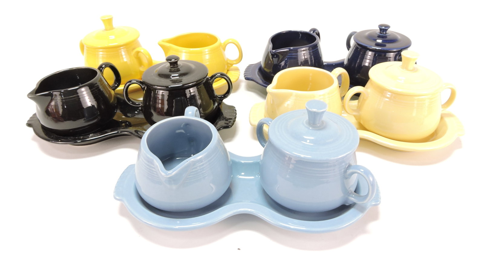 Fiesta Post 86 cream, sugar, and tray: set lot of 5: sunflower, cobalt, black, yellow, periwinkle