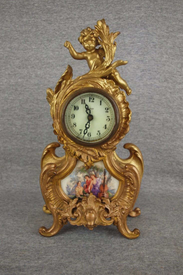 New Haven novelty clock with painted panel, 12 1/2": New Haven novelty clock with painted panel, 12 1/2"