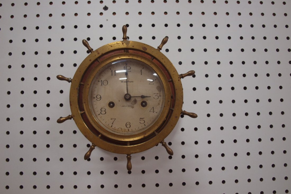 Waterbury brass ship's wheel wall clock, 8": Waterbury brass ship's wheel wall clock, 8"