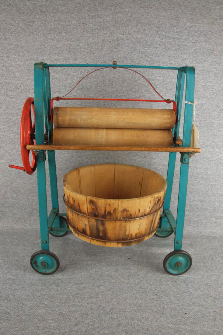 Triang English childs wringer washer with wood washtub: Triang English childs wringer washer with wood washtub and early wooden 3 section drying rack