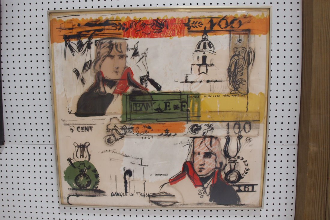 Larry Rivers signed "Double French Money" screenprint: Larry Rivers signed "Double French Money" screenprint in colourswith collage on plexiglas, 1965, signed and dated in pencil, 51/125, 32 1/2" x 30 1/2", Rivers (1923-2002 New York)