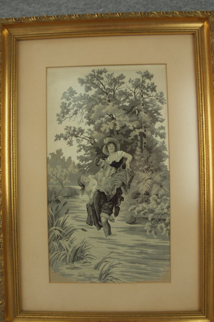 Silk embroidery "Saint Etienne" of man in stream: Silk embroidery "Saint Etienne" of man in stream carrying two women, 7" x 12"