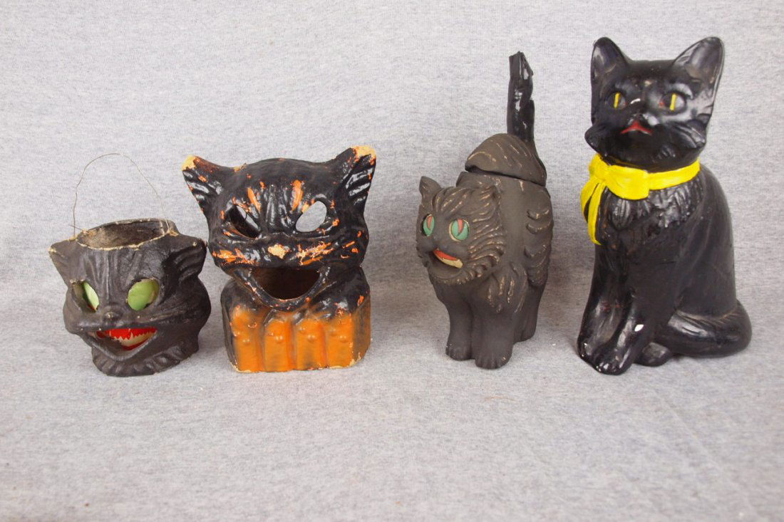 Halloween lot of 4 items 2 paper mache cat lanterns,