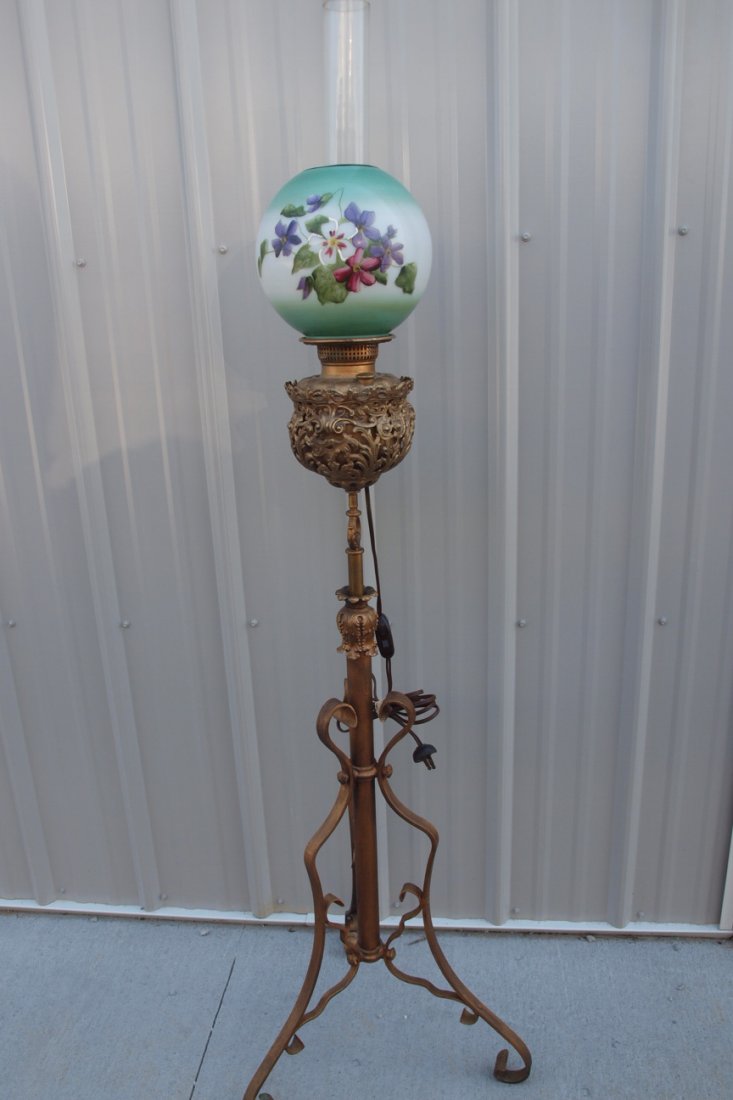 Cast iron and brass organ lamp with floral shade: Cast iron and brass organ lamp with floral shade