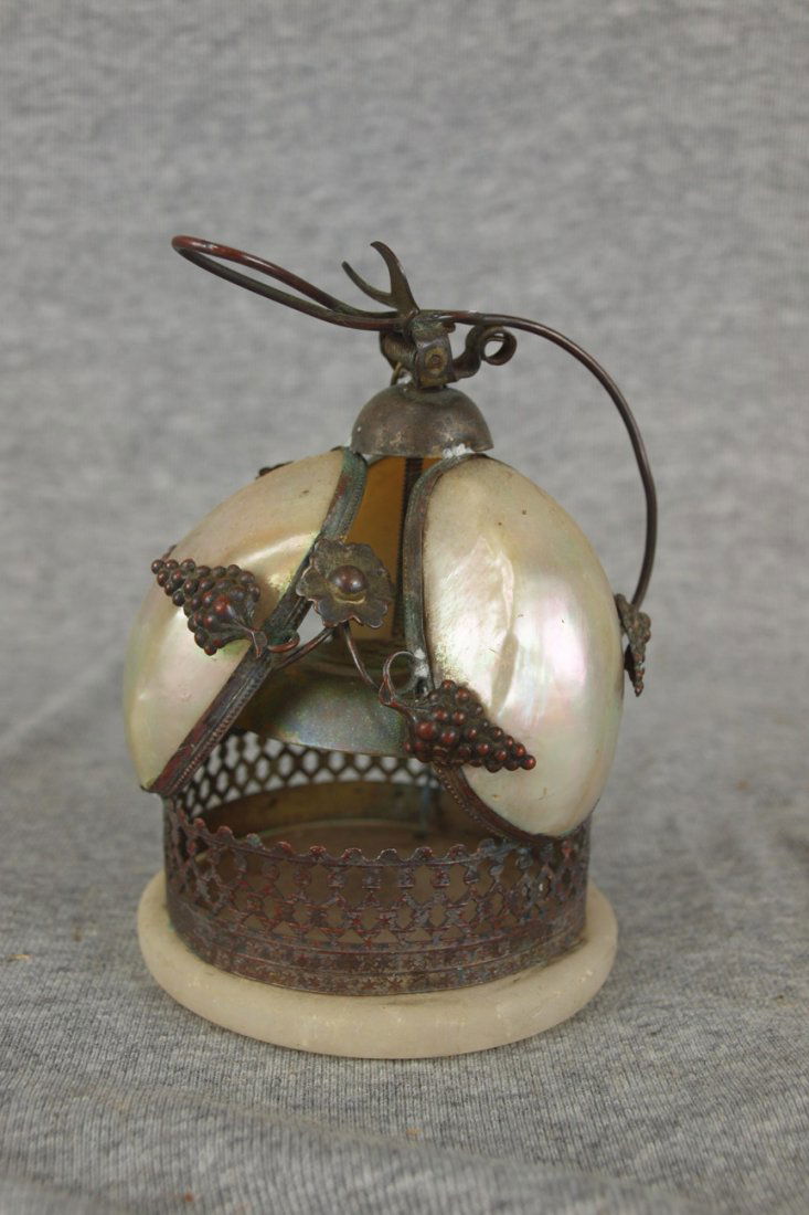 Early Victorian lady's vanity call bell with abalone: Early Victorian lady's vanity call bell with abalone shells and bronze filagree, 5"