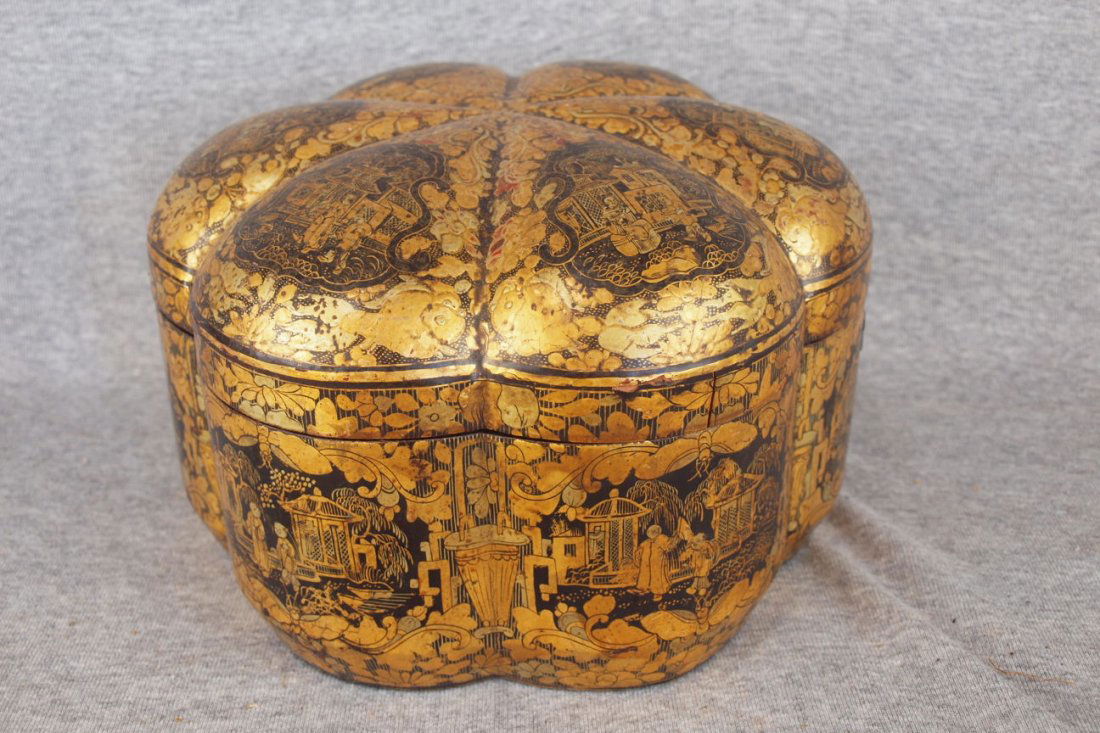 Early Chinese black ebony tea caddy with highly: Early Chinese black ebony tea caddy with highly decorated exterior, 10"w, 6 1/2"h, complete with fitted interior