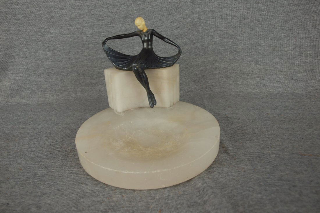 Art Deco alabaster tray with silver and ivory lady, 7: Art Deco alabaster tray with silver and ivory lady, 7 3/4"d