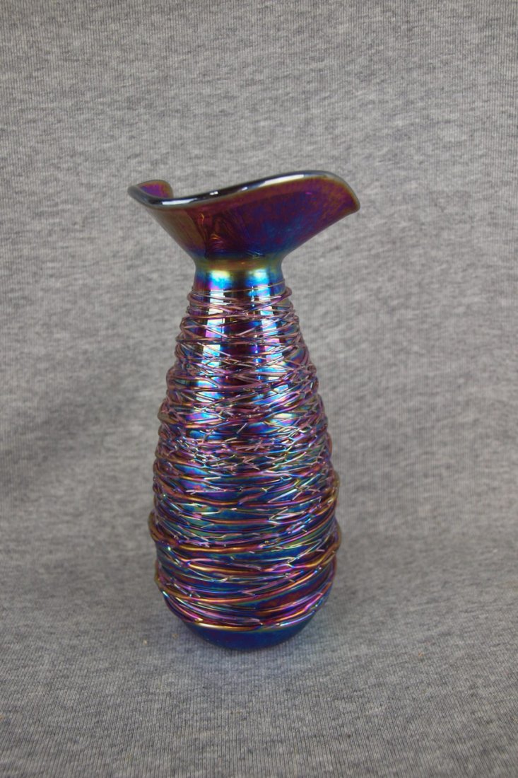 Terry Crider art glass threaded vase, 1978, 7 1/2",: Terry Crider art glass threaded vase, 1978, 7 1/2", signed
