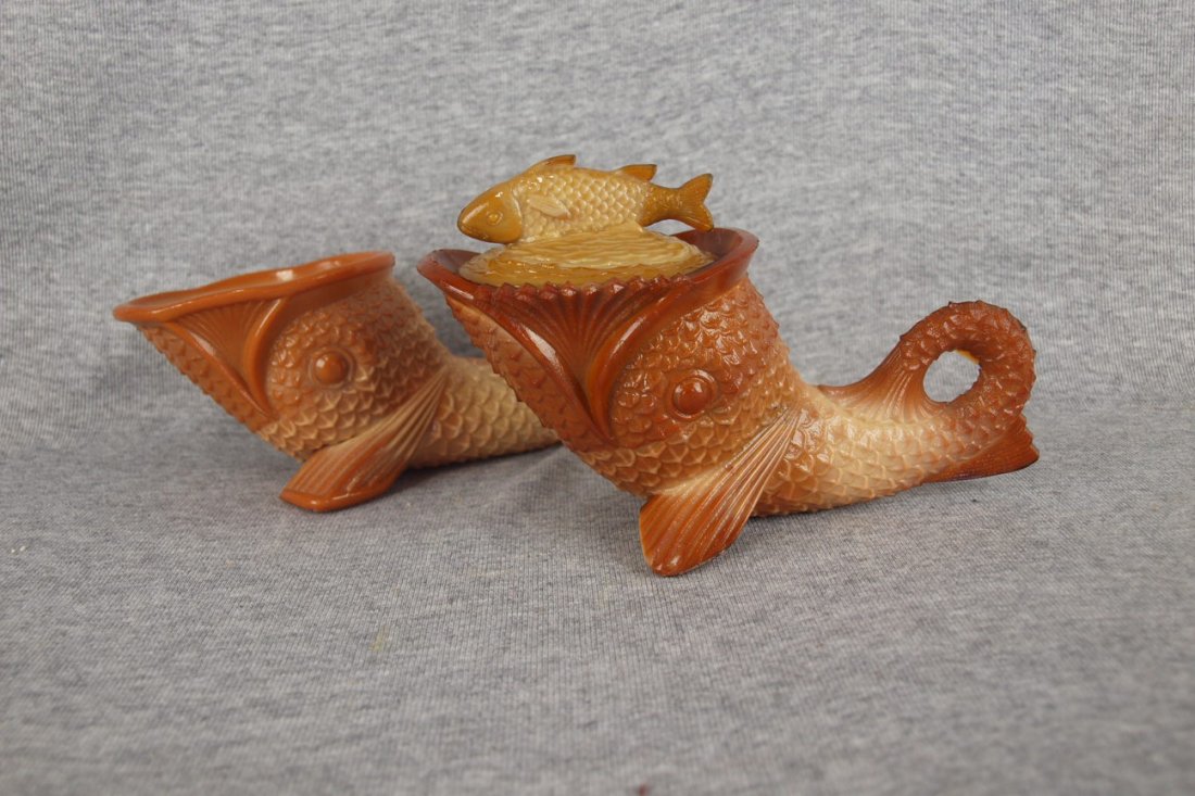 Greentown chocolate glass dolphin with lid and extra: Greentown chocolate glass dolphin with lid and extra dolphin base (chip to fin)