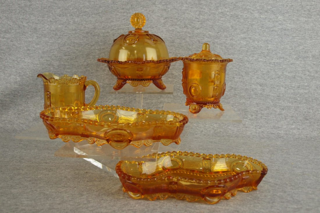 Greentown amber Dewey lot of 5 pieces - butter dish,: Greentown amber Dewey lot of 5 pieces - butter dish, creamer, sugar (lid repair) and 2 trays
