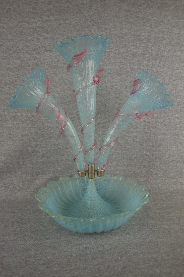 Overshot art glass 4 piece epergne with applied vine: Overshot art glass 4 piece epergne with applied vine and leaves, 16"