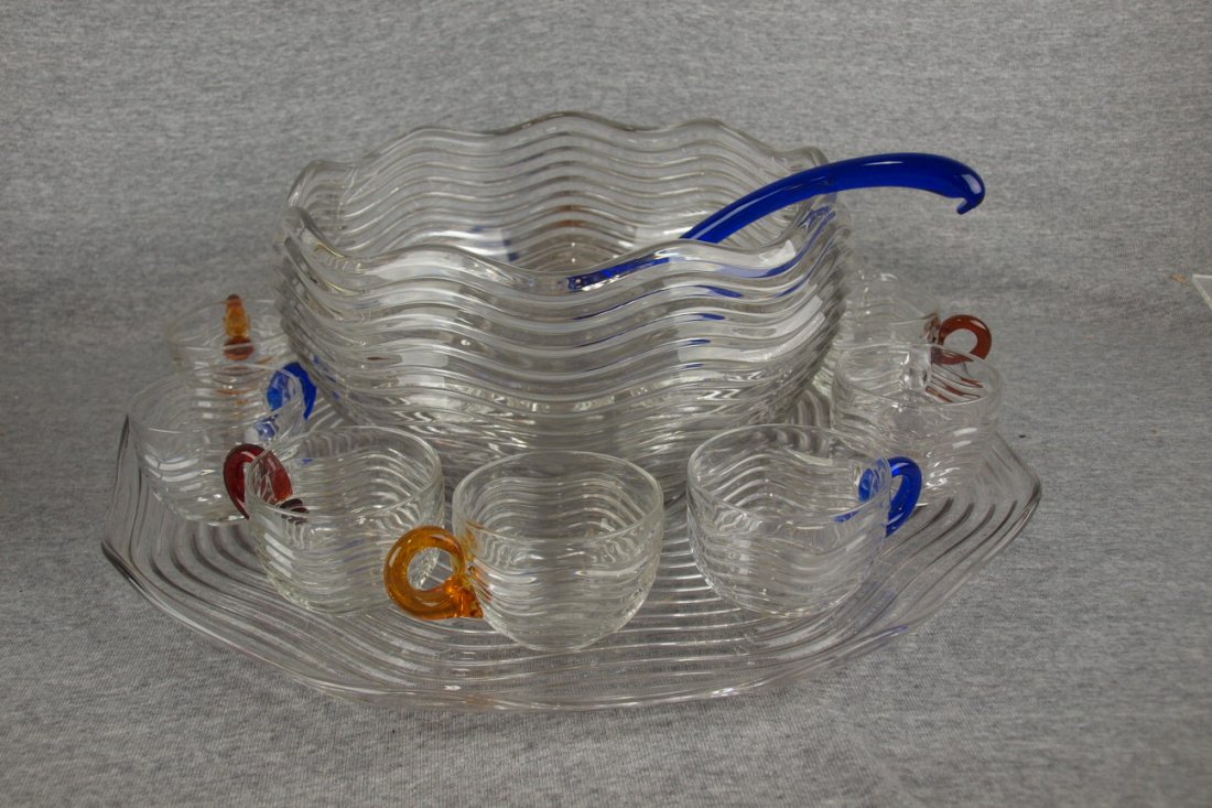 Duncan Miller Caribbean #112 punch set with large punch: Duncan Miller Caribbean #112 punch set with large punch bowl, cobalt handled ladle and 12 cups with cobalt, amber, ruby and clear handles and 18 1/2" tray