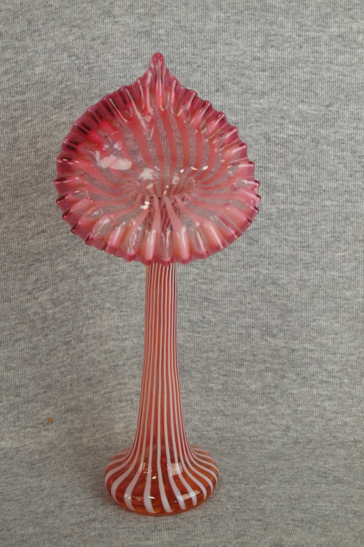 Cranberry ribbon glass jack-in-the-pulpit vase, circa: Cranberry ribbon glass jack-in-the-pulpit vase, circa 1880, 11"