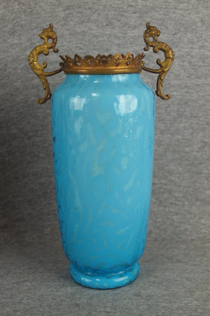 Rare Aventurene art glass vase with brass ormolu: Rare Aventurene art glass vase with brass ormolu mounted rim with gargoyle handles, 9 3/4", circa 1880