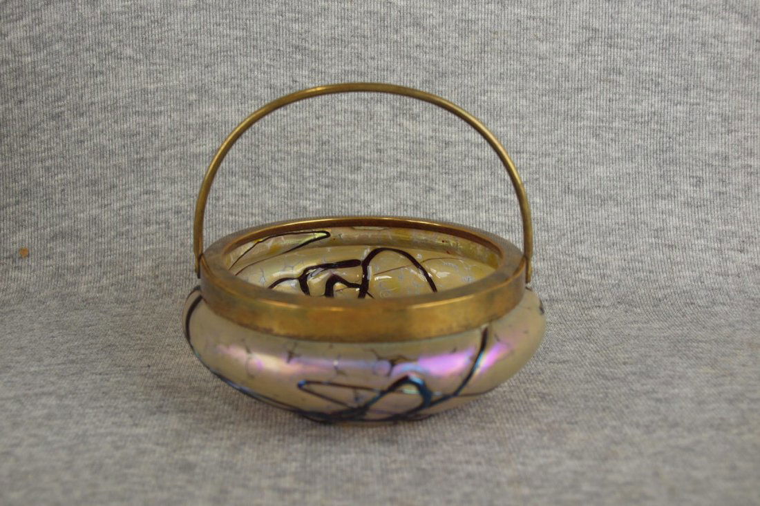 Loetz art glass low bowl with brass mounted rim and: Loetz art glass low bowl with brass mounted rim and handle, 4 3/4"d