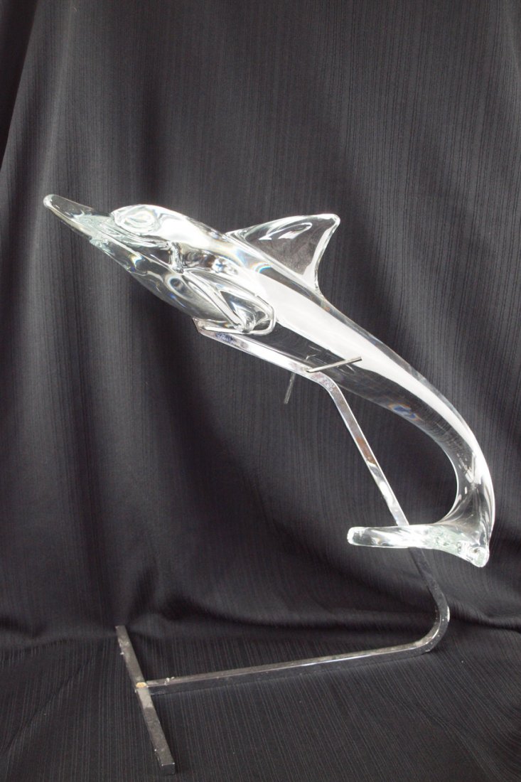 Daum France crystal dolphin with chrome holder, 19: Daum France crystal dolphin with chrome holder, 19 1/2"l