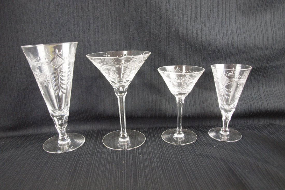 Set of heavily cut crystal stemware - 12-7 1/4" water: Set of heavily cut crystal stemware - 12-7 1/4" water goblets, 10-6 1/2" champaign, 10-5" wine and 8-5 1/4 juice
