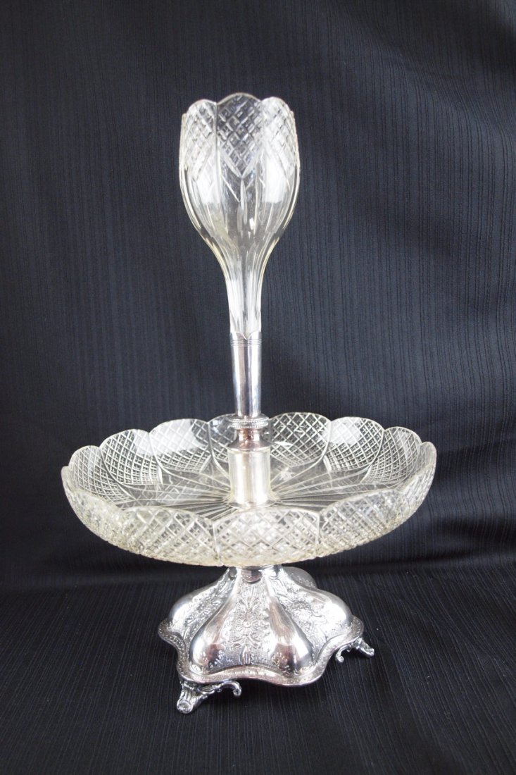 Cut crystal epergne with silver base and stem, 15 1/2": Cut crystal epergne with silver base and stem, 15 1/2"