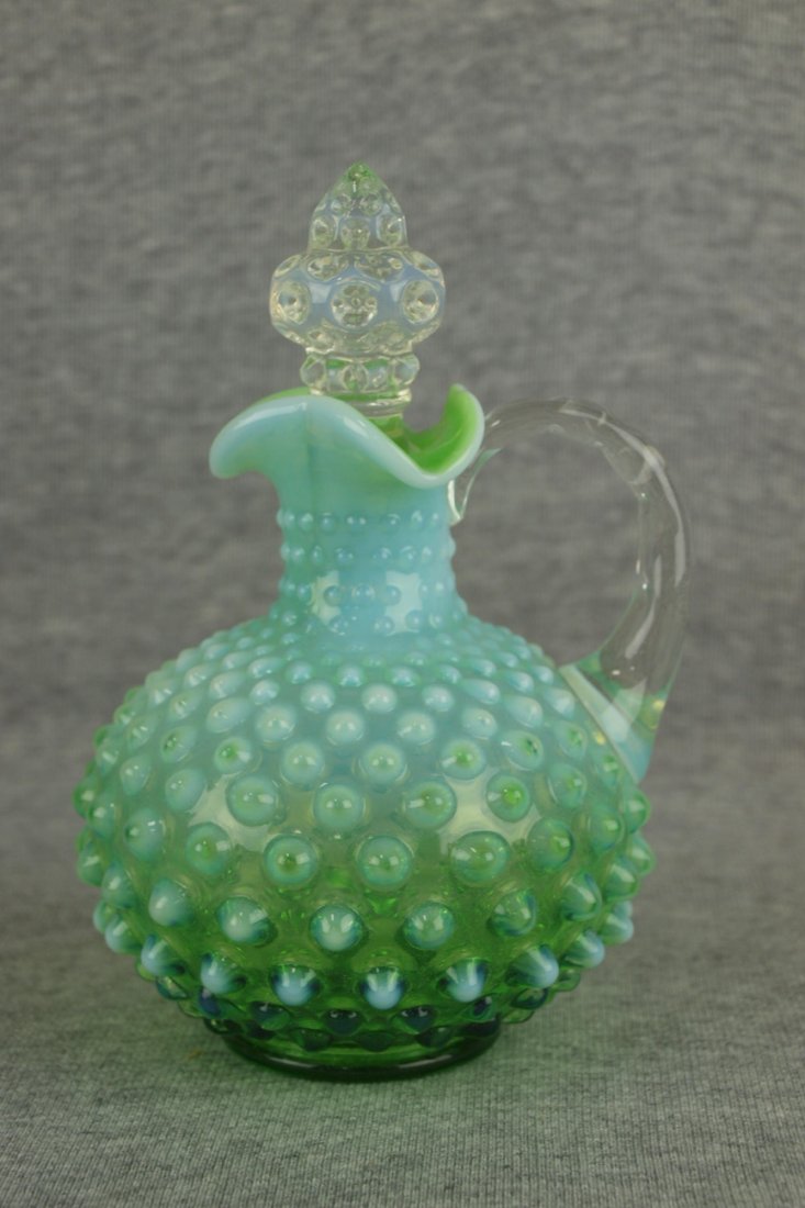 Fenton green opalescent hobnail cruet, 6 1/2": Fenton green opalescent hobnail cruet, 6 1/2"